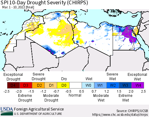 North Africa SPI 10-Day Drought Severity (CHIRPS) Thematic Map For 3/1/2022 - 3/10/2022
