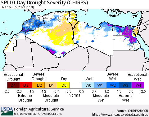 North Africa SPI 10-Day Drought Severity (CHIRPS) Thematic Map For 3/6/2022 - 3/15/2022