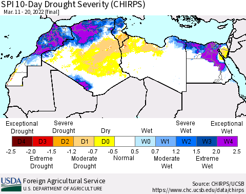 North Africa SPI 10-Day Drought Severity (CHIRPS) Thematic Map For 3/11/2022 - 3/20/2022