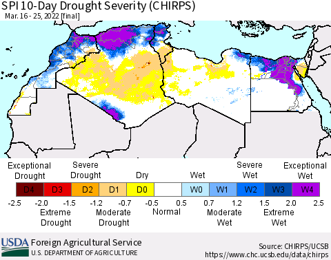 North Africa SPI 10-Day Drought Severity (CHIRPS) Thematic Map For 3/16/2022 - 3/25/2022