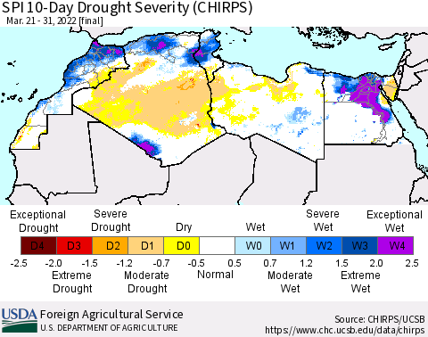 North Africa SPI 10-Day Drought Severity (CHIRPS) Thematic Map For 3/21/2022 - 3/31/2022