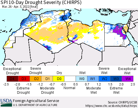 North Africa SPI 10-Day Drought Severity (CHIRPS) Thematic Map For 3/26/2022 - 4/5/2022