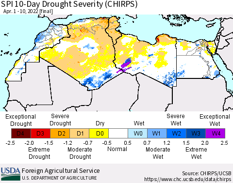 North Africa SPI 10-Day Drought Severity (CHIRPS) Thematic Map For 4/1/2022 - 4/10/2022