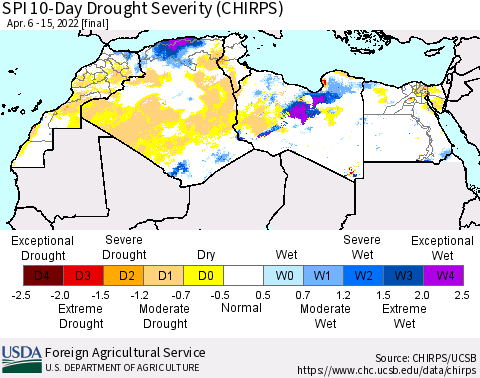 North Africa SPI 10-Day Drought Severity (CHIRPS) Thematic Map For 4/6/2022 - 4/15/2022