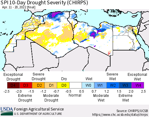 North Africa SPI 10-Day Drought Severity (CHIRPS) Thematic Map For 4/11/2022 - 4/20/2022