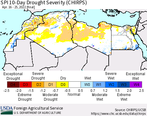 North Africa SPI 10-Day Drought Severity (CHIRPS) Thematic Map For 4/16/2022 - 4/25/2022
