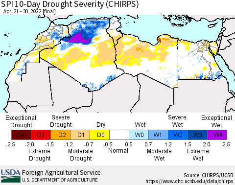 North Africa SPI 10-Day Drought Severity (CHIRPS) Thematic Map For 4/21/2022 - 4/30/2022