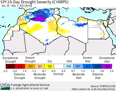 North Africa SPI 10-Day Drought Severity (CHIRPS) Thematic Map For 4/26/2022 - 5/5/2022