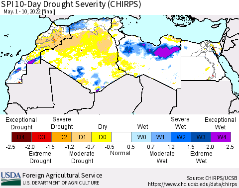 North Africa SPI 10-Day Drought Severity (CHIRPS) Thematic Map For 5/1/2022 - 5/10/2022