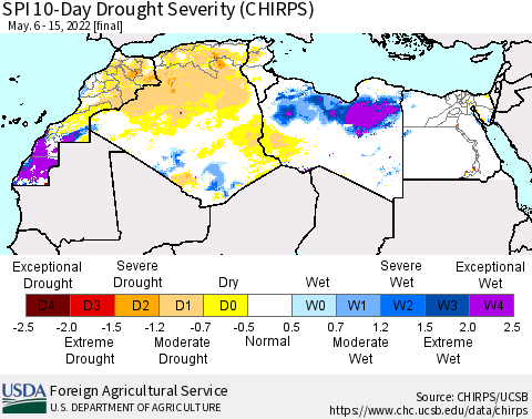 North Africa SPI 10-Day Drought Severity (CHIRPS) Thematic Map For 5/6/2022 - 5/15/2022