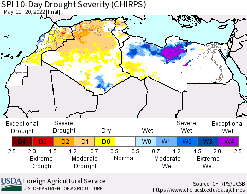 North Africa SPI 10-Day Drought Severity (CHIRPS) Thematic Map For 5/11/2022 - 5/20/2022