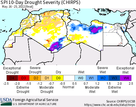 North Africa SPI 10-Day Drought Severity (CHIRPS) Thematic Map For 5/16/2022 - 5/25/2022