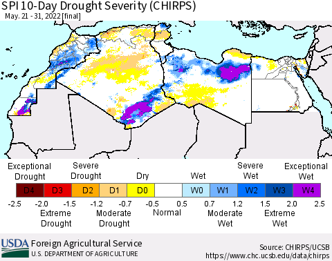 North Africa SPI 10-Day Drought Severity (CHIRPS) Thematic Map For 5/21/2022 - 5/31/2022