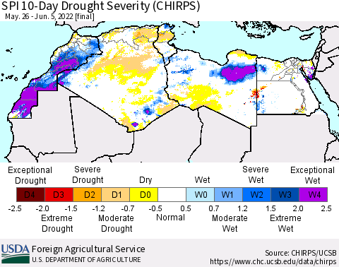 North Africa SPI 10-Day Drought Severity (CHIRPS) Thematic Map For 5/26/2022 - 6/5/2022