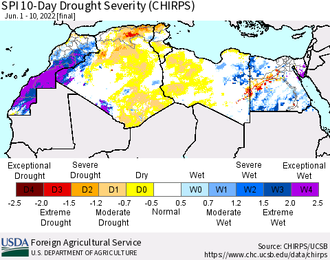 North Africa SPI 10-Day Drought Severity (CHIRPS) Thematic Map For 6/1/2022 - 6/10/2022