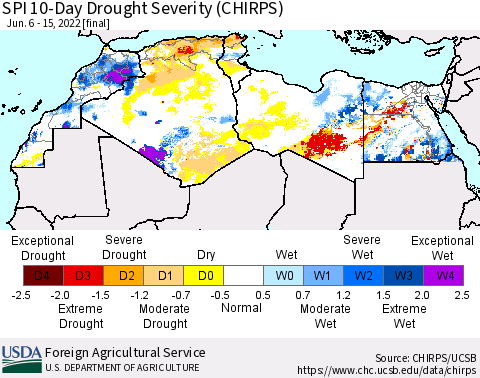 North Africa SPI 10-Day Drought Severity (CHIRPS) Thematic Map For 6/6/2022 - 6/15/2022