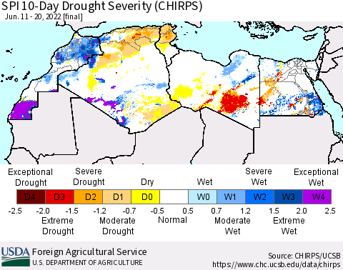 North Africa SPI 10-Day Drought Severity (CHIRPS) Thematic Map For 6/11/2022 - 6/20/2022