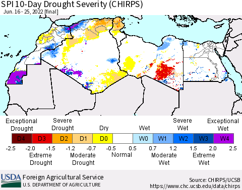 North Africa SPI 10-Day Drought Severity (CHIRPS) Thematic Map For 6/16/2022 - 6/25/2022