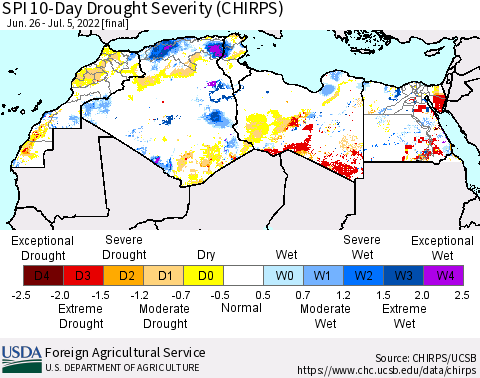 North Africa SPI 10-Day Drought Severity (CHIRPS) Thematic Map For 6/26/2022 - 7/5/2022