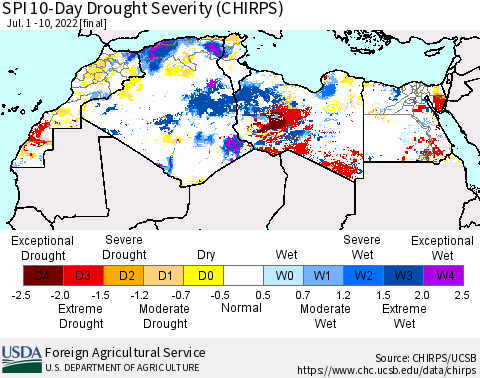 North Africa SPI 10-Day Drought Severity (CHIRPS) Thematic Map For 7/1/2022 - 7/10/2022