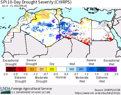 North Africa SPI 10-Day Drought Severity (CHIRPS) Thematic Map For 7/6/2022 - 7/15/2022