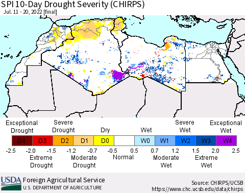 North Africa SPI 10-Day Drought Severity (CHIRPS) Thematic Map For 7/11/2022 - 7/20/2022