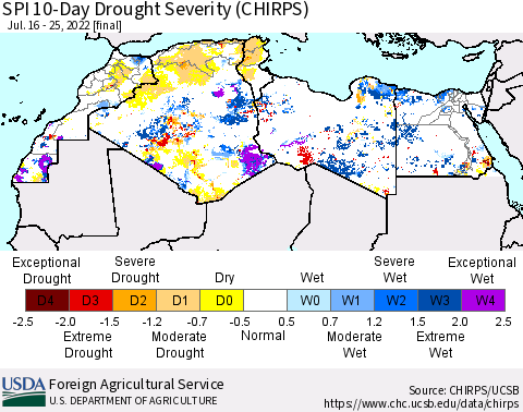 North Africa SPI 10-Day Drought Severity (CHIRPS) Thematic Map For 7/16/2022 - 7/25/2022