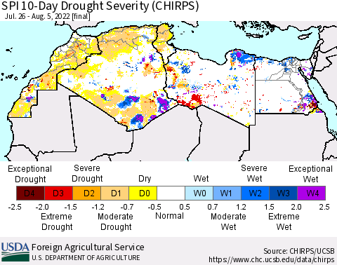 North Africa SPI 10-Day Drought Severity (CHIRPS) Thematic Map For 7/26/2022 - 8/5/2022