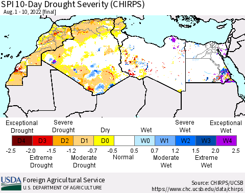 North Africa SPI 10-Day Drought Severity (CHIRPS) Thematic Map For 8/1/2022 - 8/10/2022