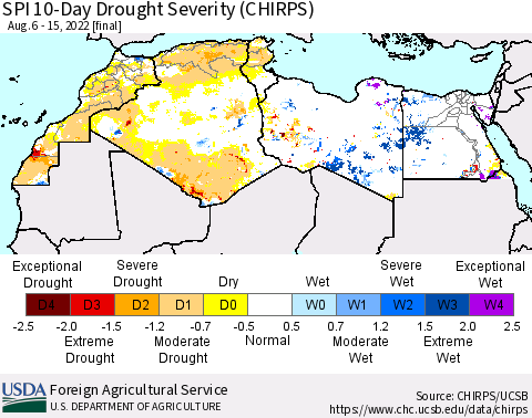 North Africa SPI 10-Day Drought Severity (CHIRPS) Thematic Map For 8/6/2022 - 8/15/2022