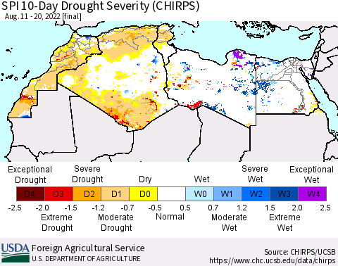 North Africa SPI 10-Day Drought Severity (CHIRPS) Thematic Map For 8/11/2022 - 8/20/2022