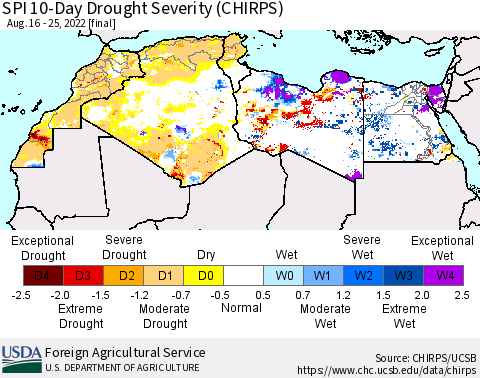 North Africa SPI 10-Day Drought Severity (CHIRPS) Thematic Map For 8/16/2022 - 8/25/2022
