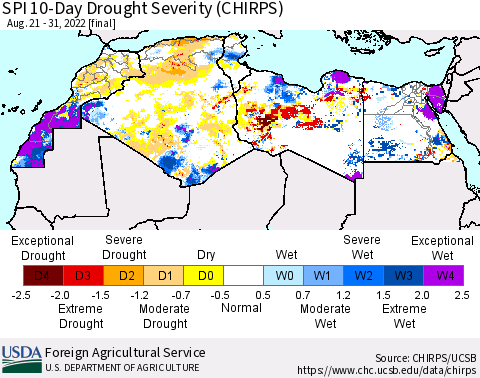 North Africa SPI 10-Day Drought Severity (CHIRPS) Thematic Map For 8/21/2022 - 8/31/2022