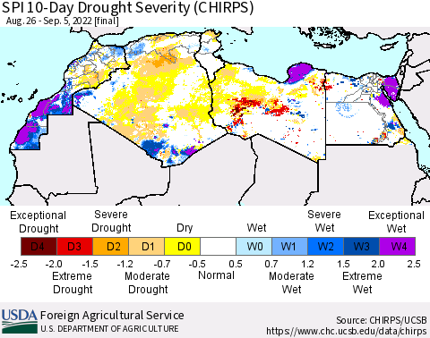 North Africa SPI 10-Day Drought Severity (CHIRPS) Thematic Map For 8/26/2022 - 9/5/2022
