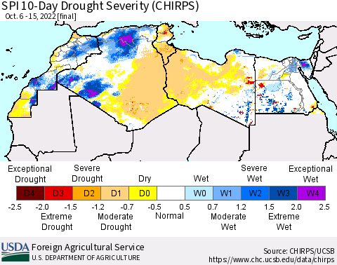 North Africa SPI 10-Day Drought Severity (CHIRPS) Thematic Map For 10/6/2022 - 10/15/2022