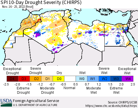 North Africa SPI 10-Day Drought Severity (CHIRPS) Thematic Map For 11/16/2022 - 11/25/2022
