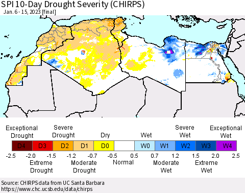 North Africa SPI 10-Day Drought Severity (CHIRPS) Thematic Map For 1/6/2023 - 1/15/2023