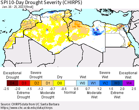 North Africa SPI 10-Day Drought Severity (CHIRPS) Thematic Map For 1/16/2023 - 1/25/2023