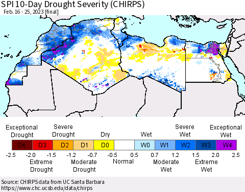 North Africa SPI 10-Day Drought Severity (CHIRPS) Thematic Map For 2/16/2023 - 2/25/2023