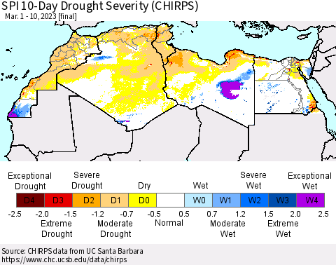 North Africa SPI 10-Day Drought Severity (CHIRPS) Thematic Map For 3/1/2023 - 3/10/2023
