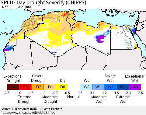 North Africa SPI 10-Day Drought Severity (CHIRPS) Thematic Map For 3/6/2023 - 3/15/2023