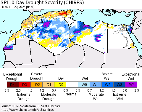North Africa SPI 10-Day Drought Severity (CHIRPS) Thematic Map For 3/11/2023 - 3/20/2023