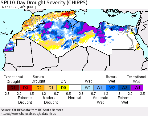 North Africa SPI 10-Day Drought Severity (CHIRPS) Thematic Map For 3/16/2023 - 3/25/2023