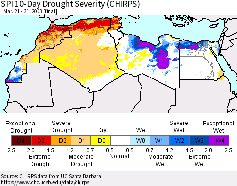 North Africa SPI 10-Day Drought Severity (CHIRPS) Thematic Map For 3/21/2023 - 3/31/2023