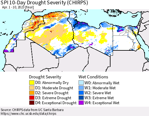 North Africa SPI 10-Day Drought Severity (CHIRPS) Thematic Map For 4/1/2023 - 4/10/2023