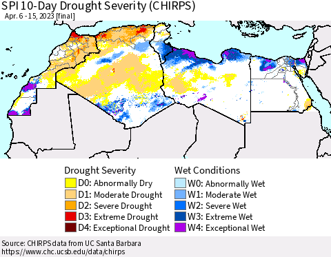 North Africa SPI 10-Day Drought Severity (CHIRPS) Thematic Map For 4/6/2023 - 4/15/2023