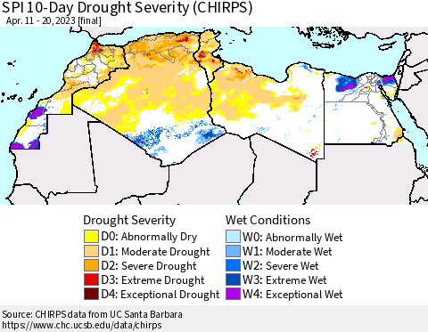 North Africa SPI 10-Day Drought Severity (CHIRPS) Thematic Map For 4/11/2023 - 4/20/2023
