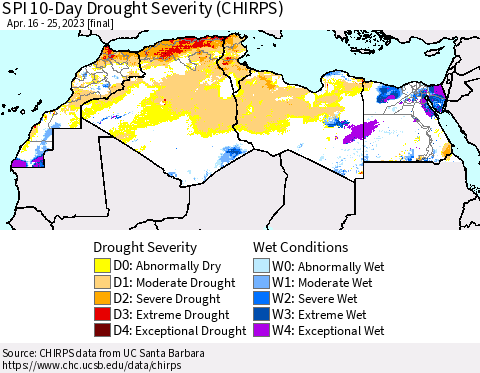 North Africa SPI 10-Day Drought Severity (CHIRPS) Thematic Map For 4/16/2023 - 4/25/2023