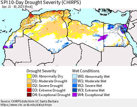 North Africa SPI 10-Day Drought Severity (CHIRPS) Thematic Map For 4/21/2023 - 4/30/2023