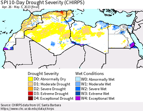 North Africa SPI 10-Day Drought Severity (CHIRPS) Thematic Map For 4/26/2023 - 5/5/2023